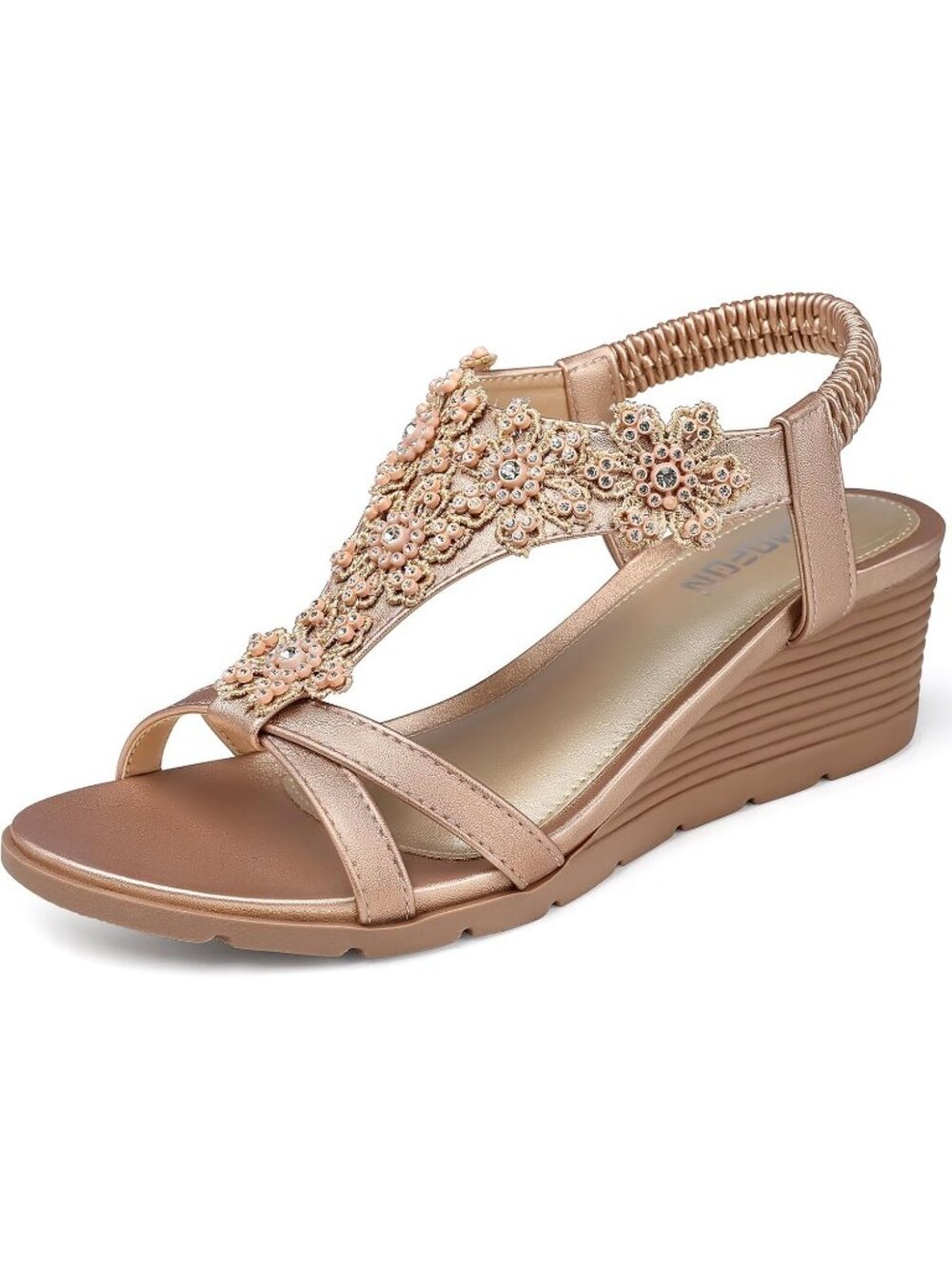 Women's Rose Gold Elastic Open Toe Flower Low Wedge Heels Platform Sandal Shoes